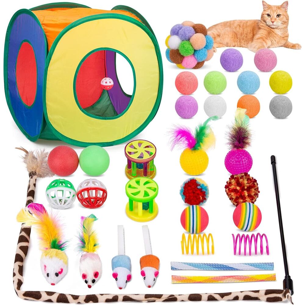 33PCS Cat Toys Set with Rainbow Tunnel, Feather Wand, Balls, Mice & Springs Kit